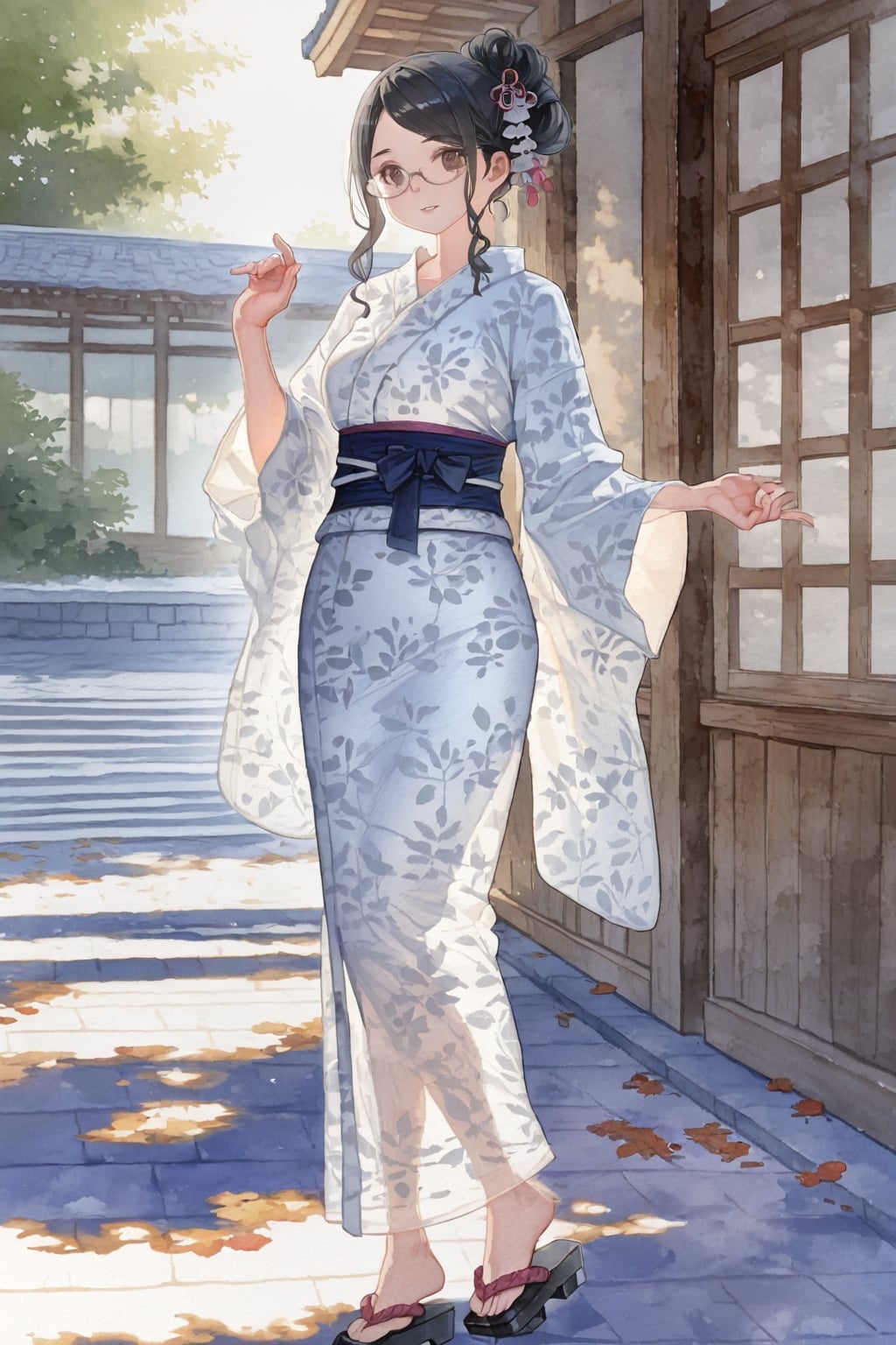 (水彩)浴衣姿の黒髪メガネさん