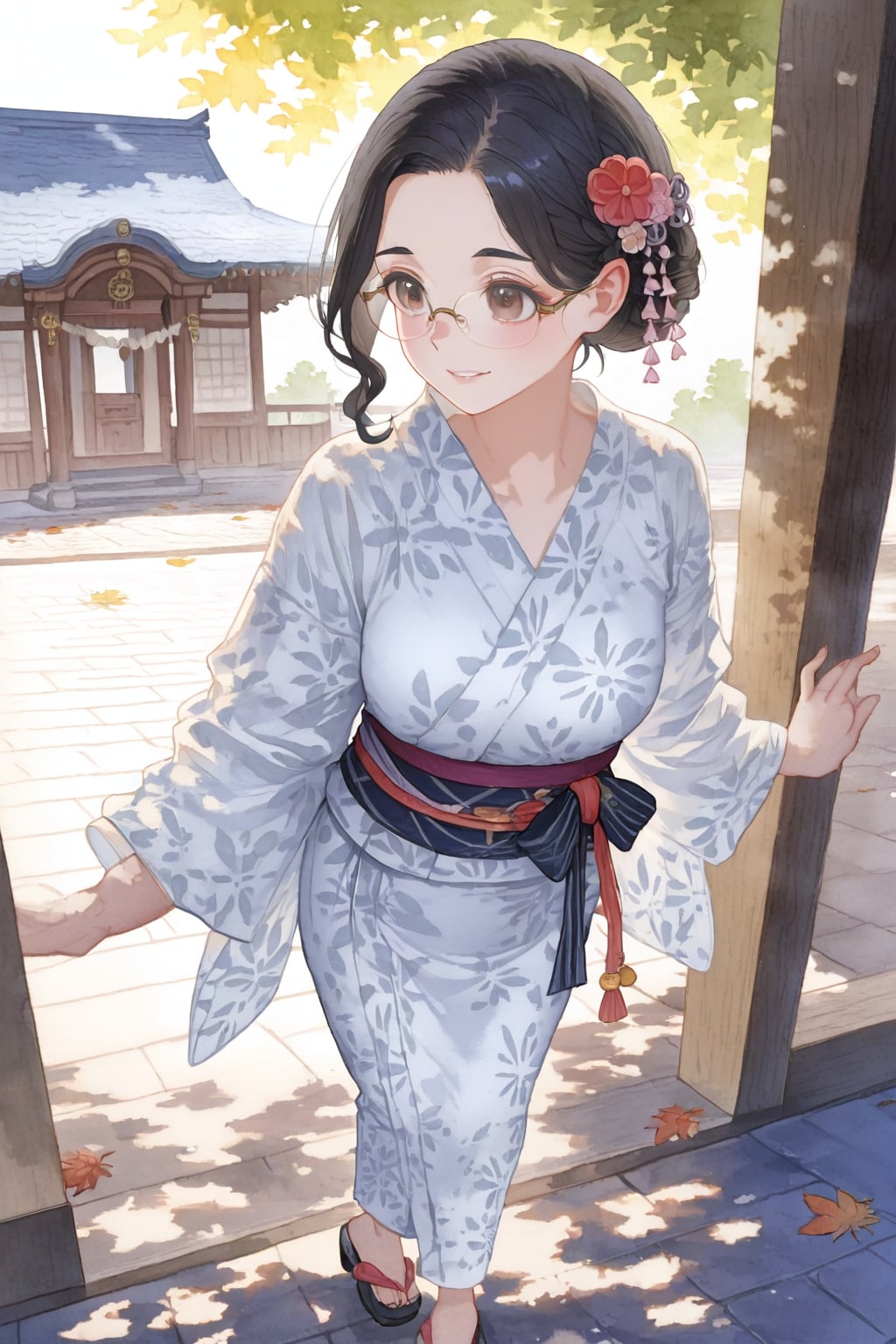 (水彩)浴衣姿の黒髪メガネさん