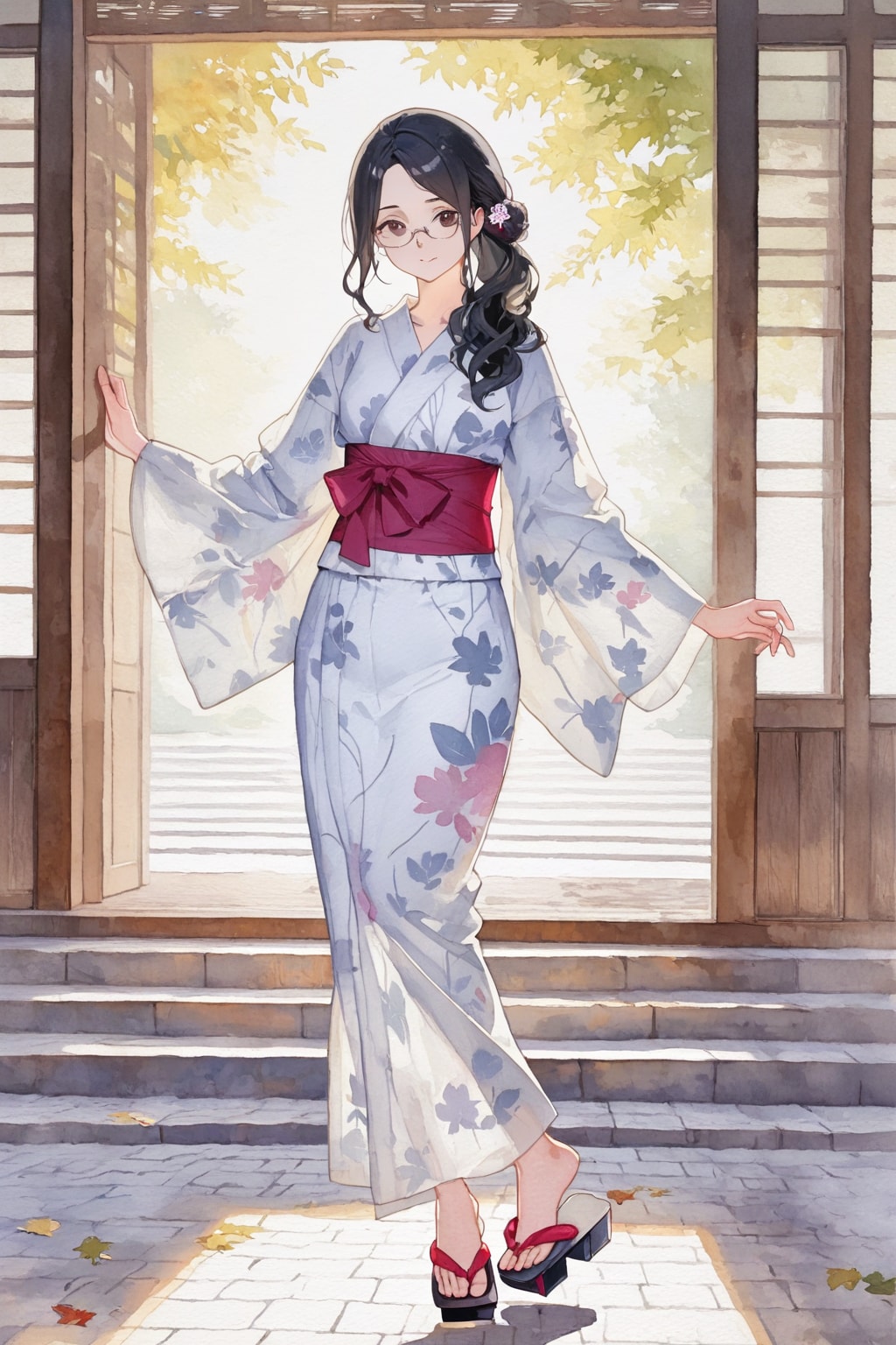 (水彩)浴衣姿の黒髪メガネさん