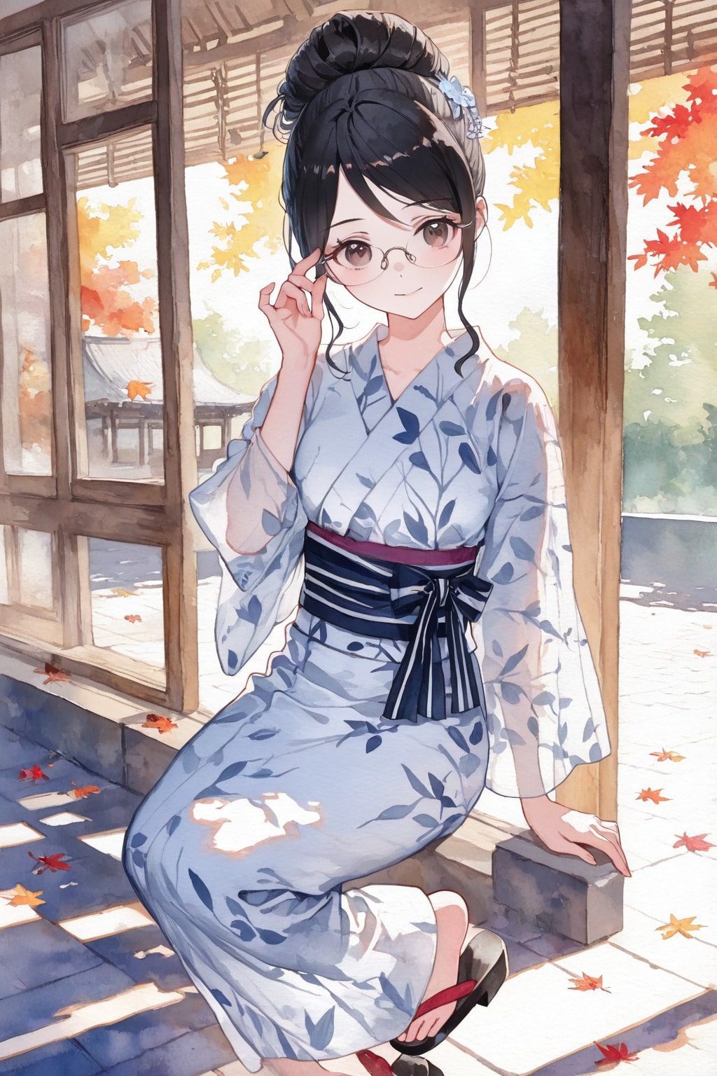 (水彩)浴衣姿の黒髪メガネさん