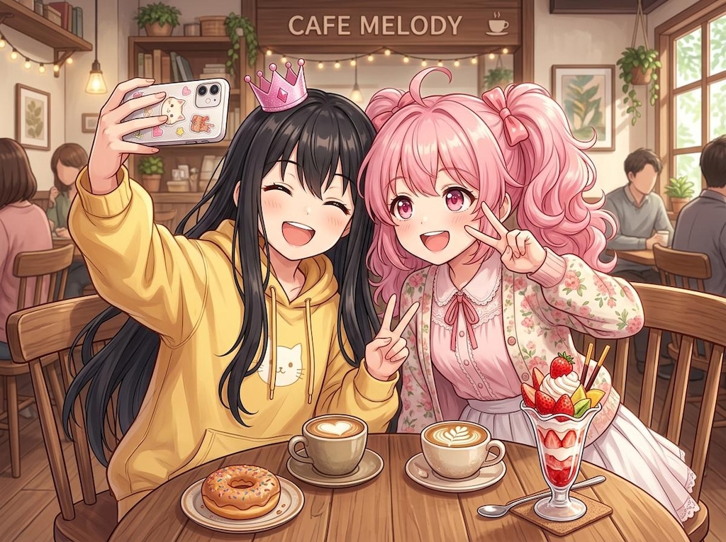 カフェの甘いセルフィータイム