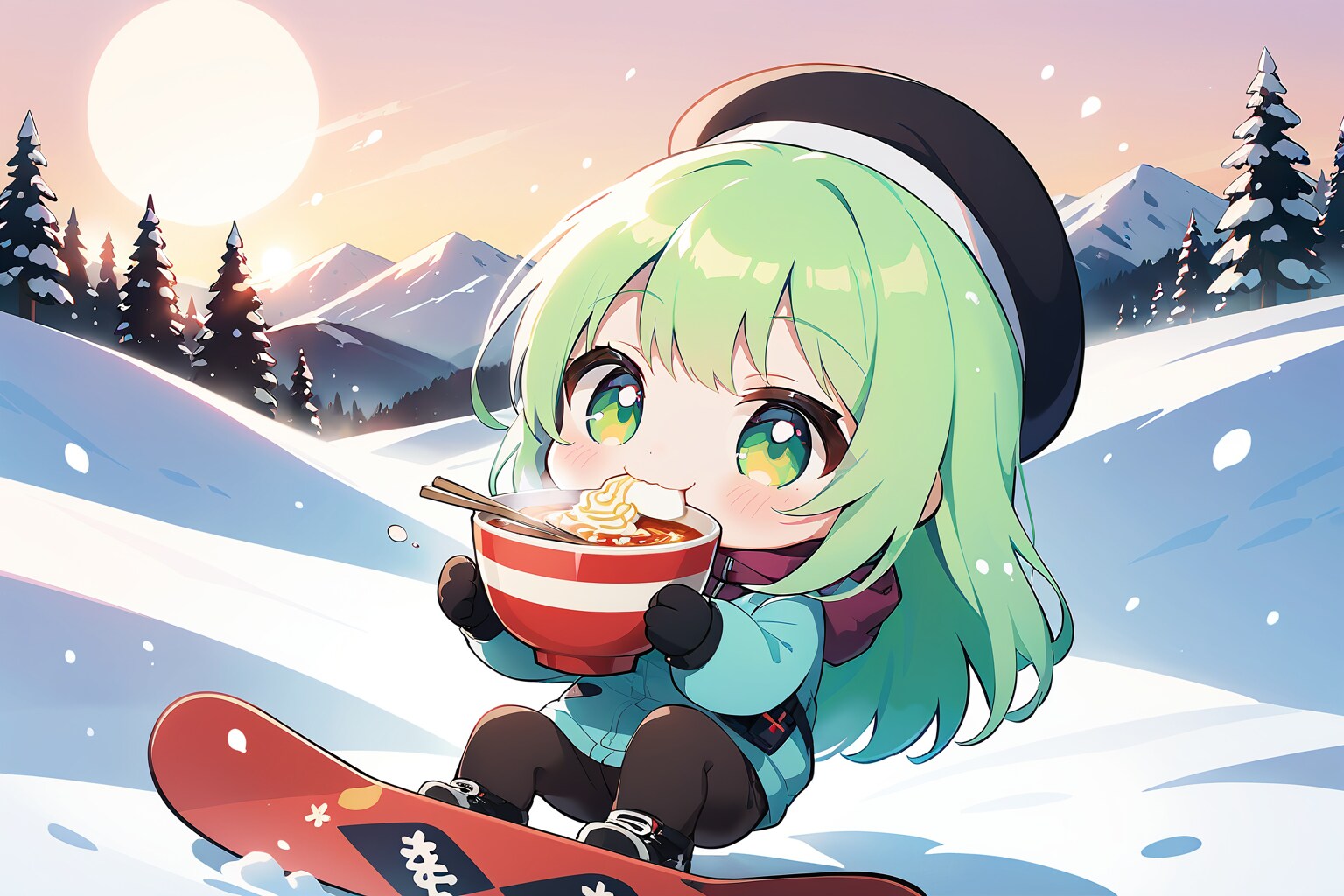 ベレー帽をかぶってウィンタースポーツをしながらラーメンを食べるというおバカなことをする緑髪のEMERALD女の子