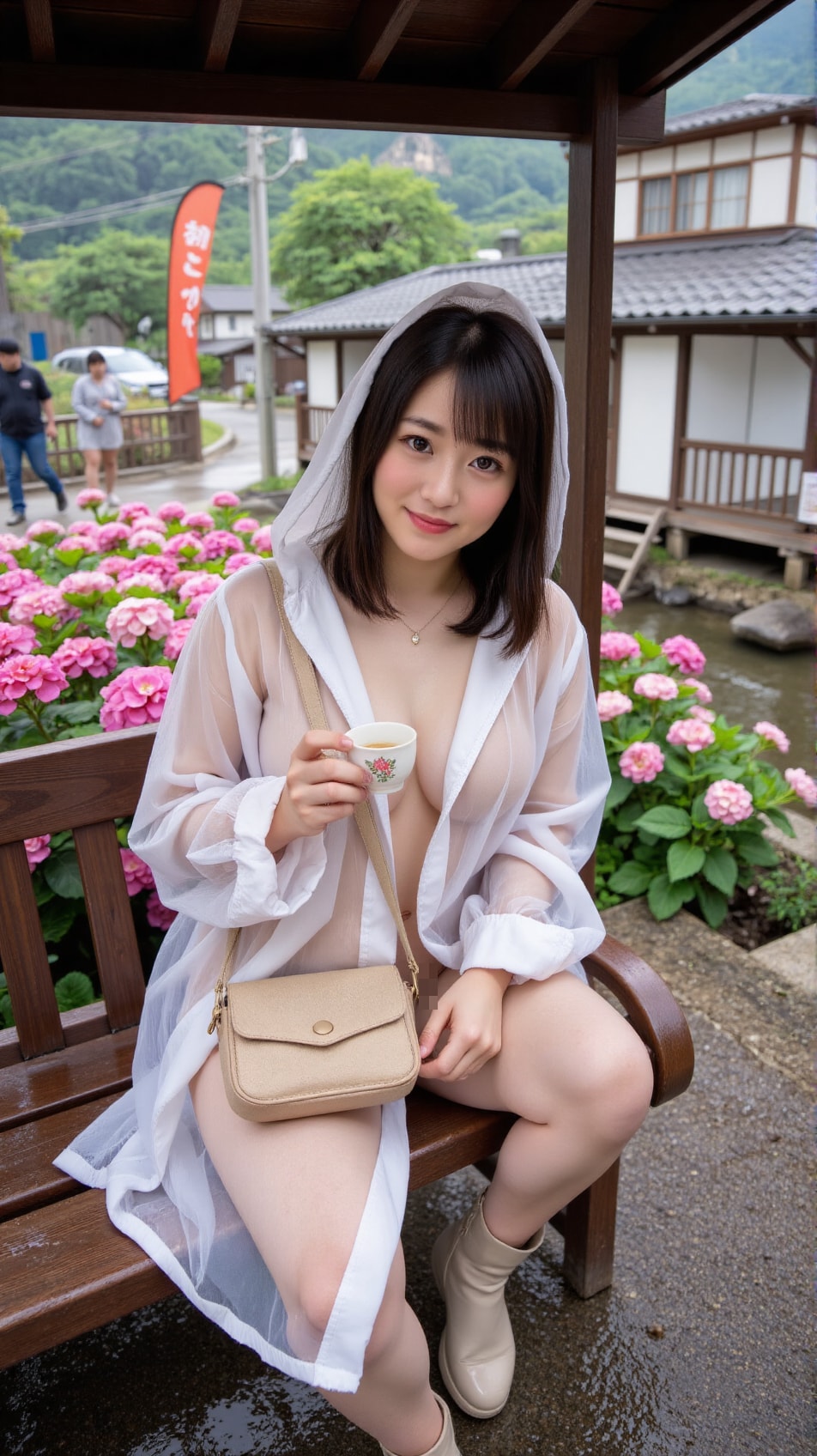 街のはずれの茶店でお茶を頂きます。ベンチに座っててもずっと丸見えだから、視線が気になって、ドキドキ⋯w