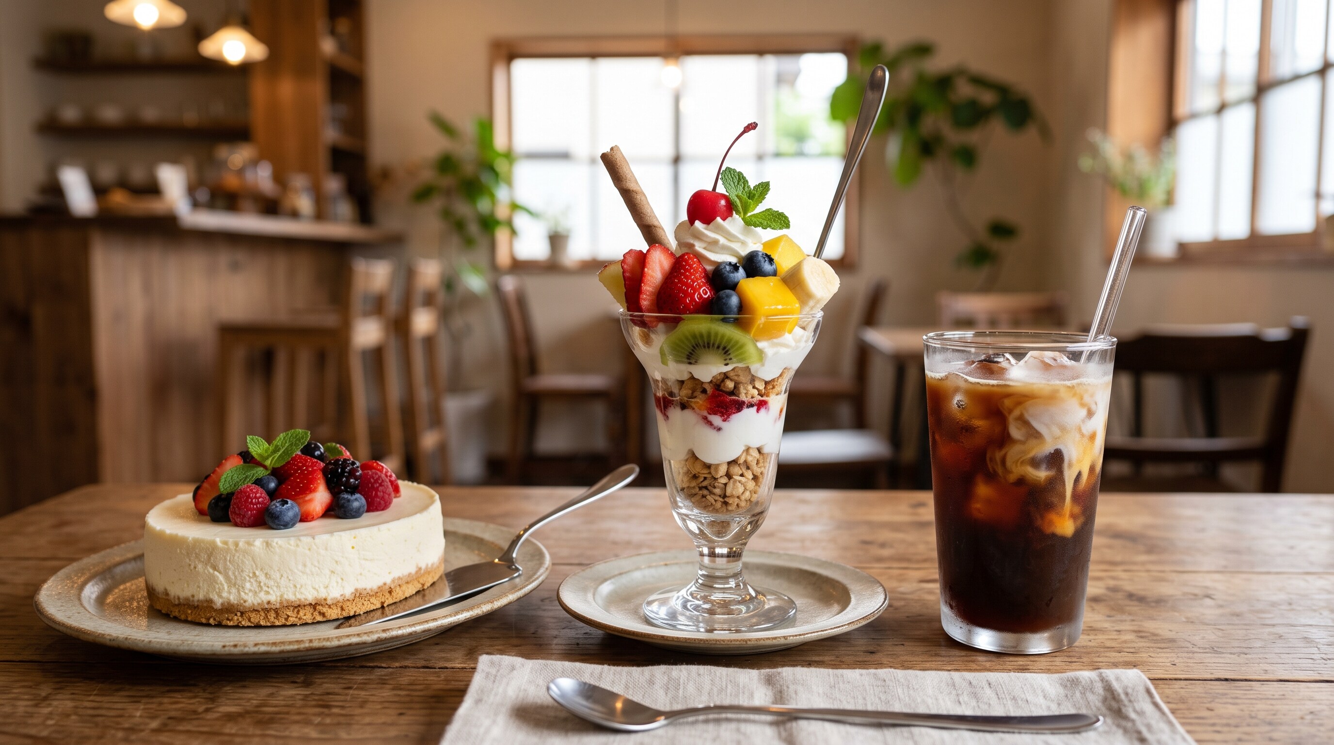 デザートのレアチーズケーキとフルーツパフェのセットえらいこっちゃやってしまいよったサイズ有 | の人気AIイラスト・グラビア