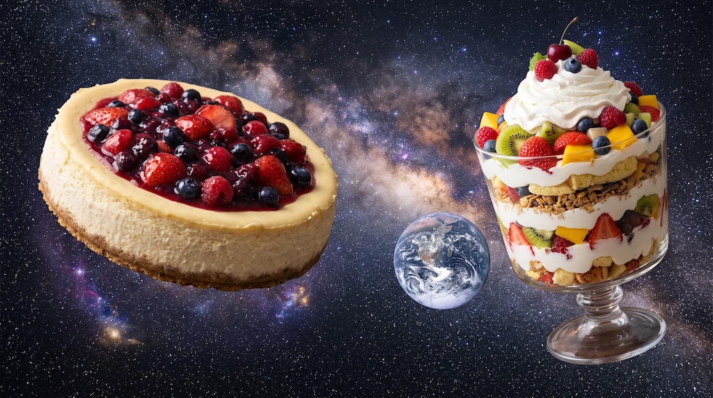 デザートのレアチーズケーキとフルーツパフェのセットえらいこっちゃやってしまいよったサイズ有