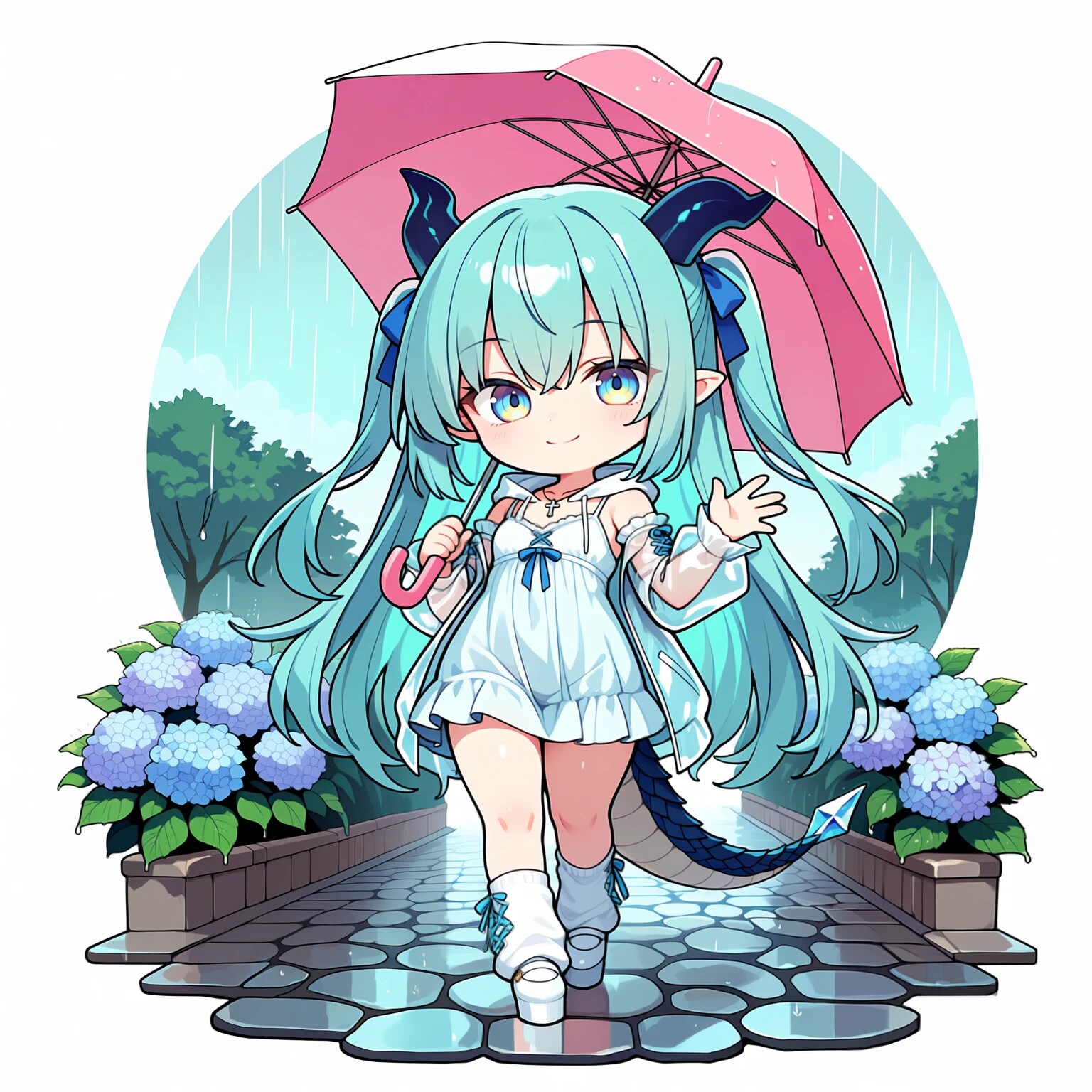 雨の中手を振る竜娘さん