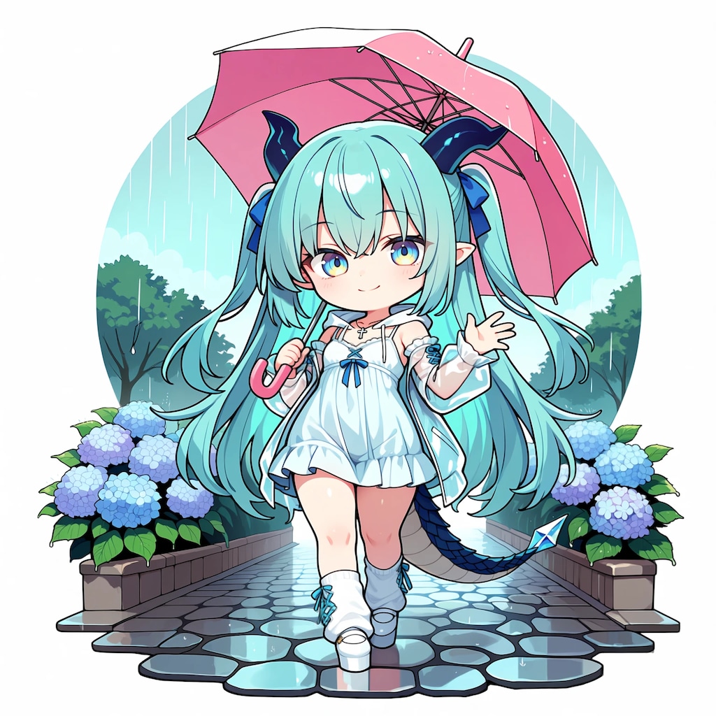 雨の中手を振る竜娘さん