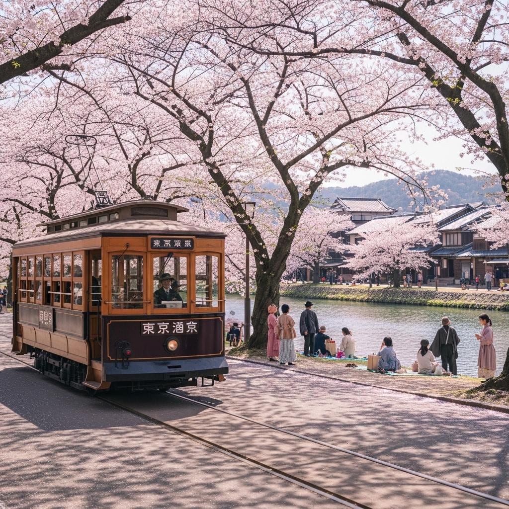 桜とレトロな路面電車