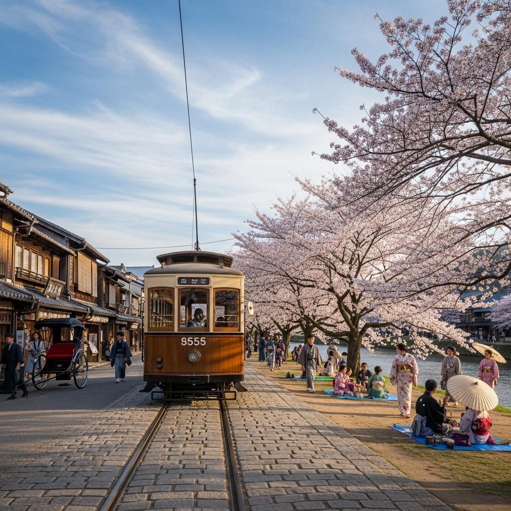 桜とレトロな路面電車