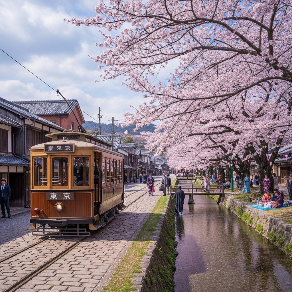 桜とレトロな路面電車