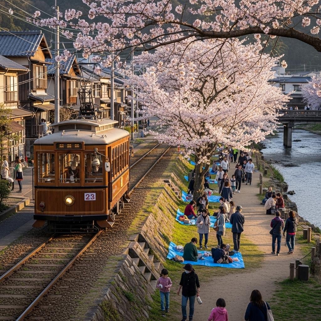 桜とレトロな路面電車