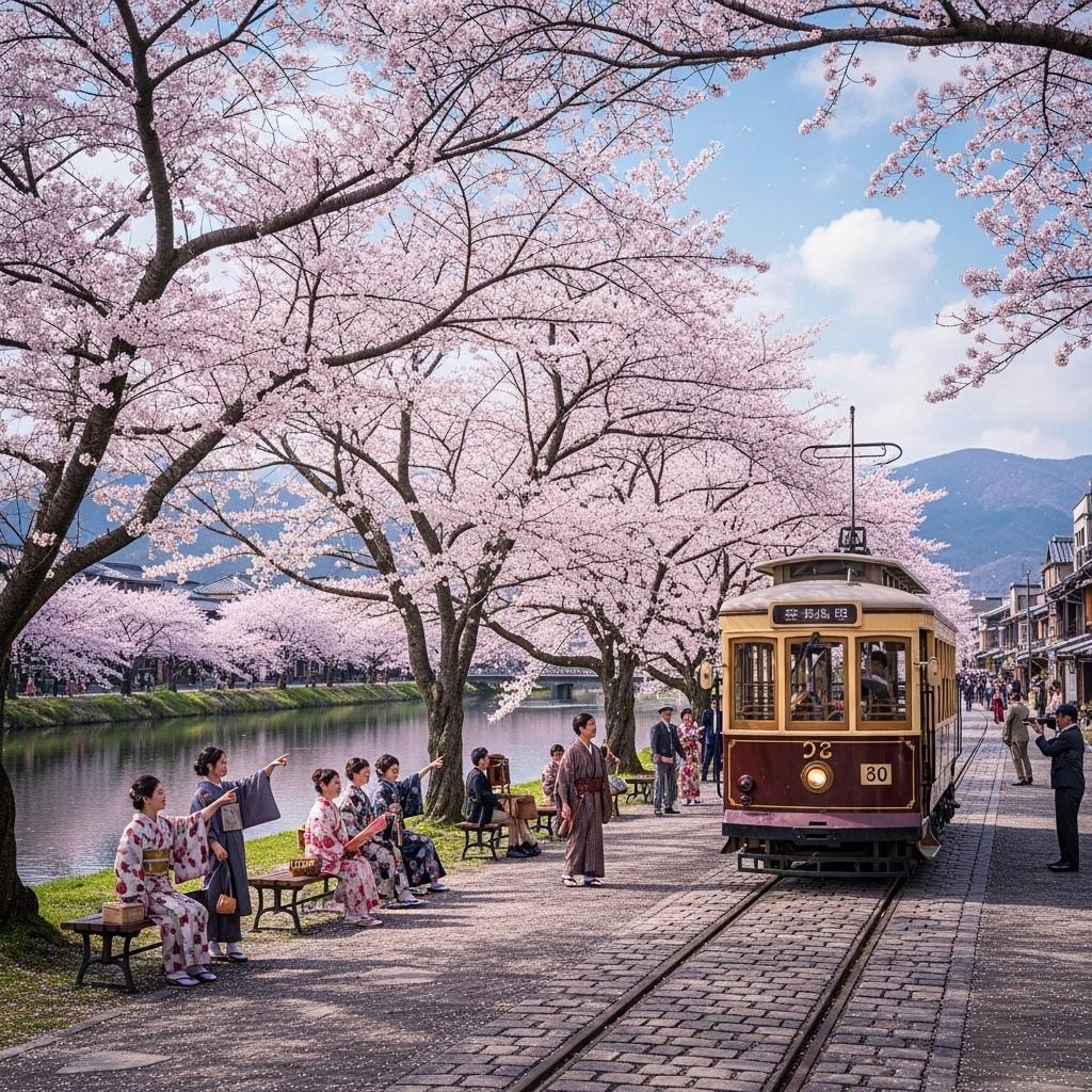 桜とレトロな路面電車