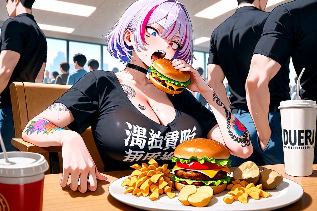 ヴァイオレットちゃん、ハンバーガーを食す