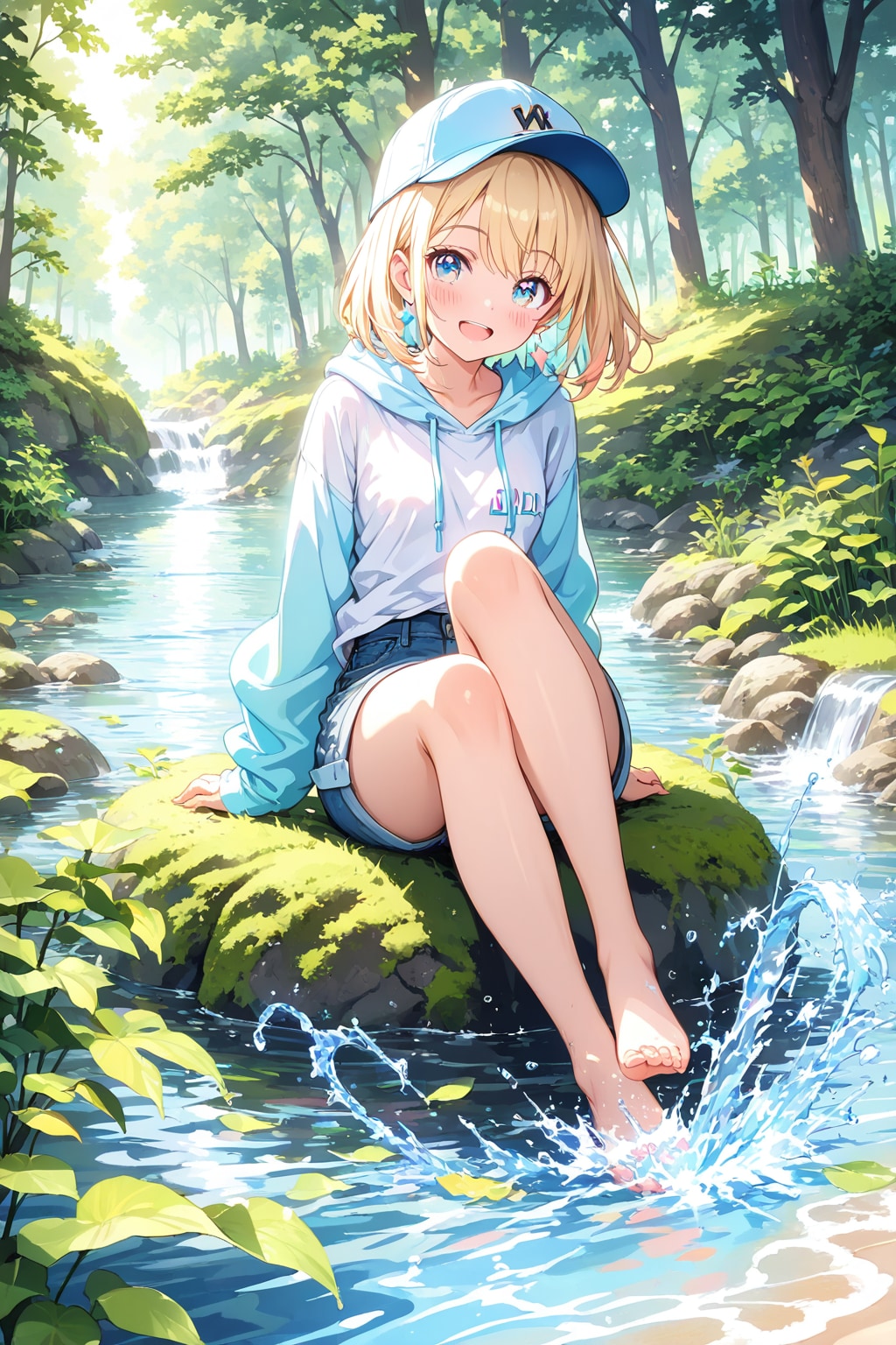 森のせせらぎで水遊びする少女・1