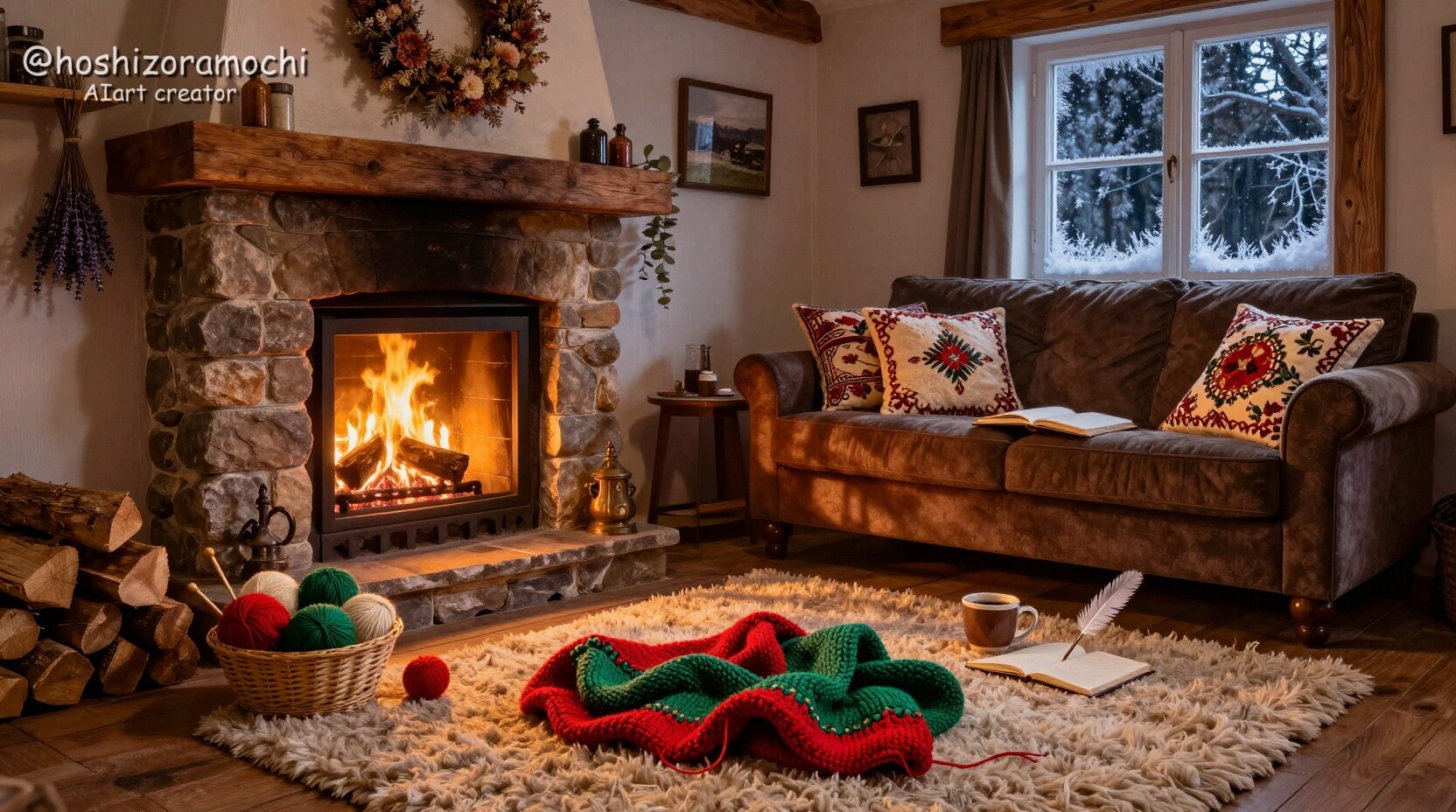 暖炉の前で紡ぐ冬の夜の手仕事 | の人気AIイラスト・グラビア