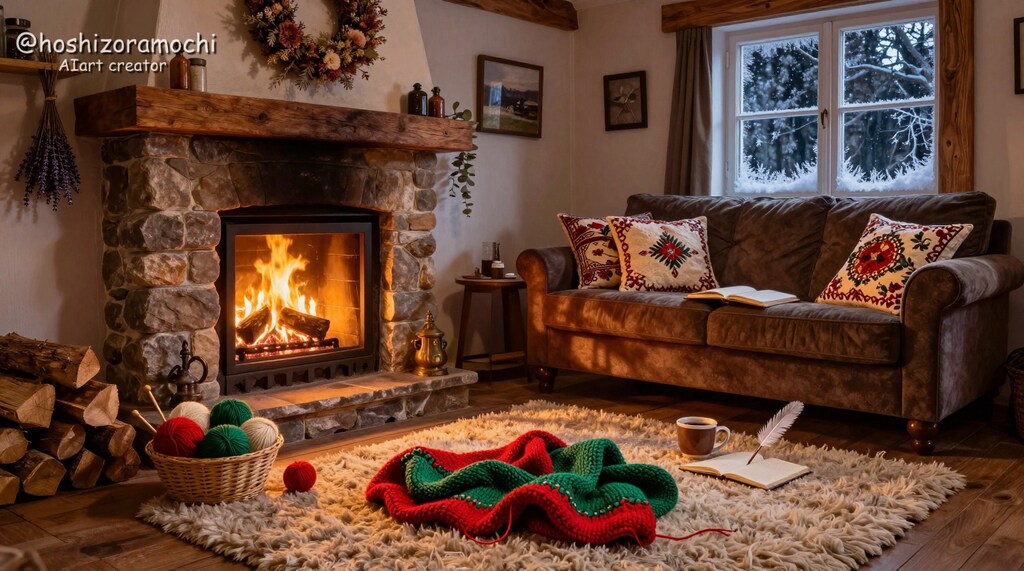 暖炉の前で紡ぐ冬の夜の手仕事