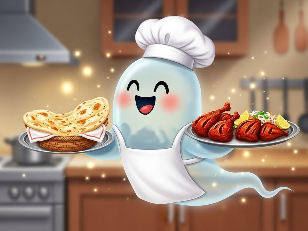 チーズナンとタンドリーチキンを用意するお化けシェフ