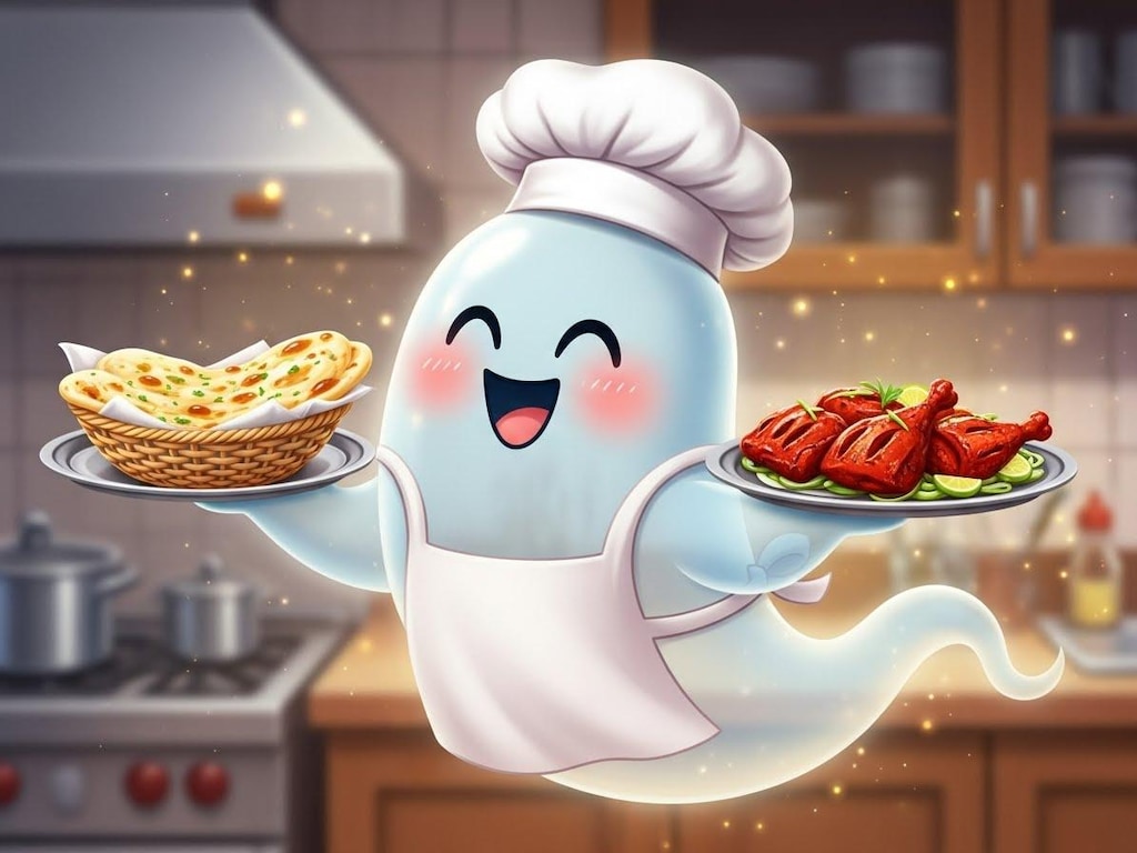 チーズナンとタンドリーチキンを用意するお化けシェフ