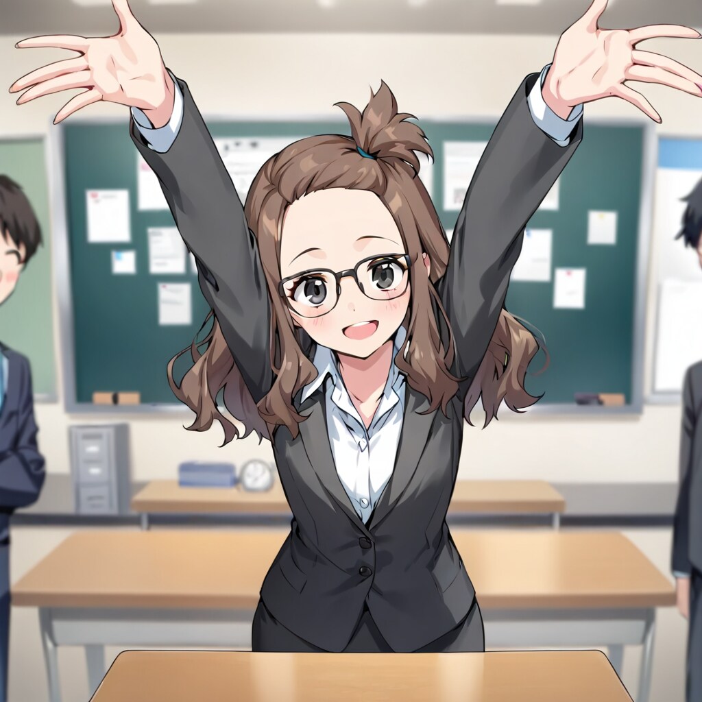 万歳眼鏡スーツ女子