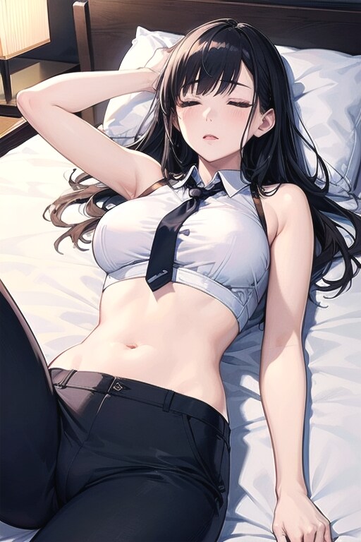 へそ出しスーツOLのホテルベッド