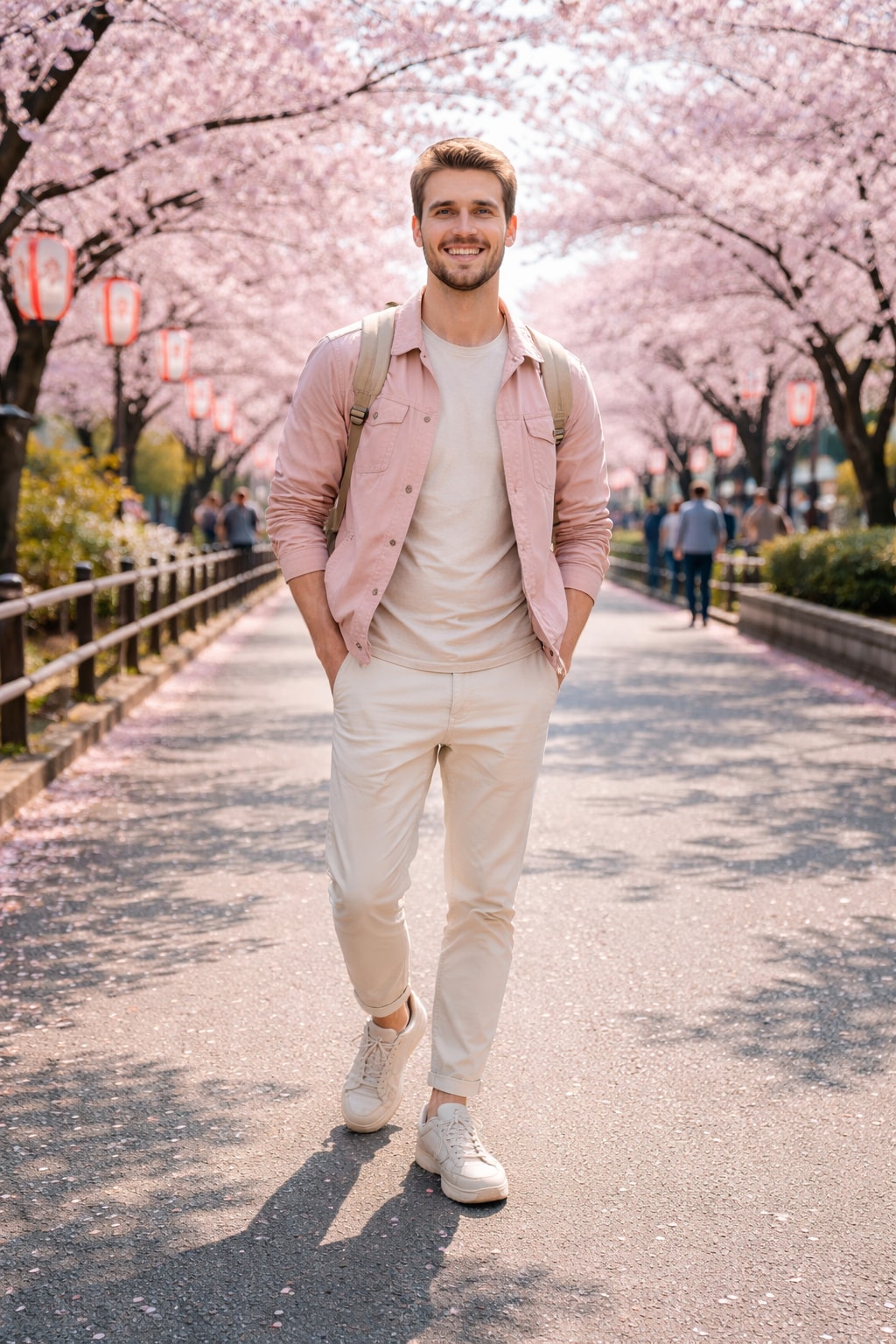 桜並木と観光客