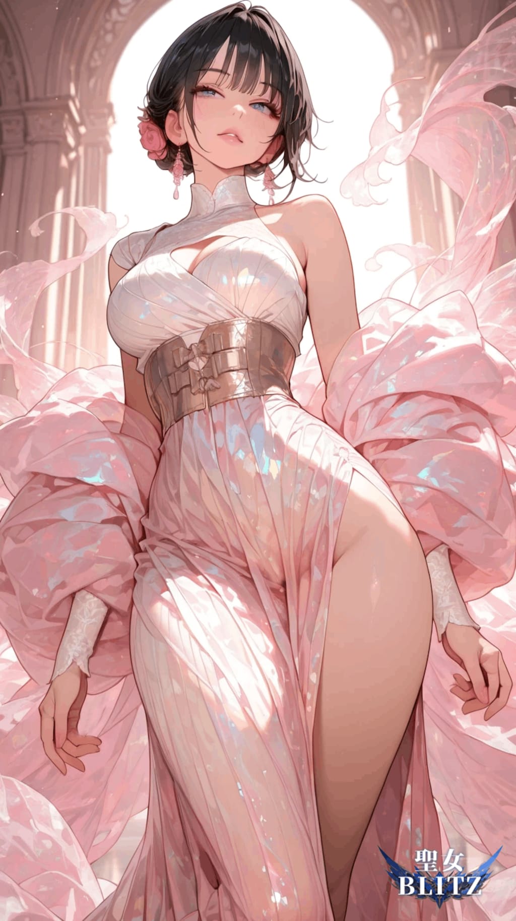 黒髪×ピンクドレス