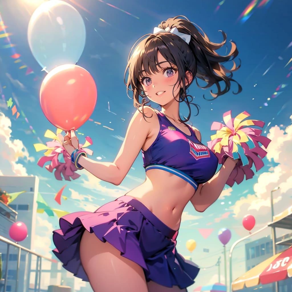 いっぱい色とりどりの風船を持つ紫髪ポニーテールのチアガール衣装着た美女