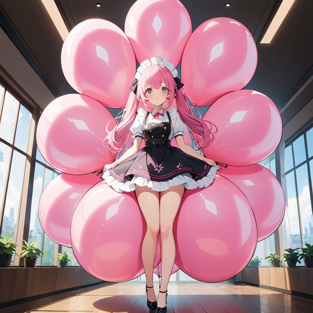 ピンクの風船を膨らませるメイド服の美少女 | の人気AIイラスト・グラビア