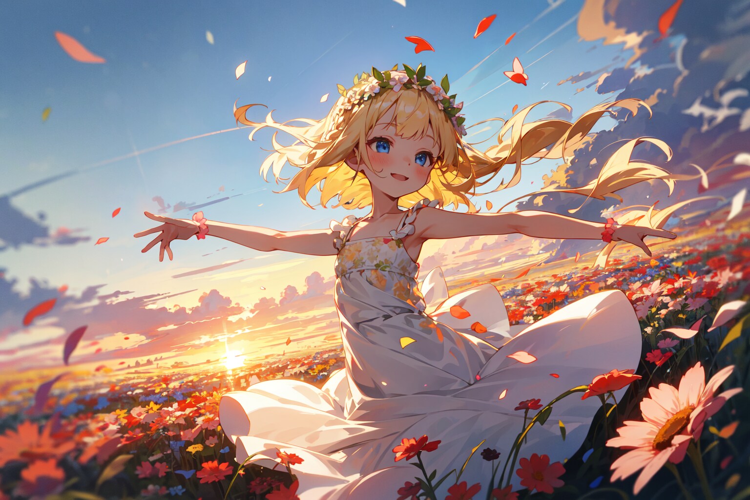 少女　花畑　夕日