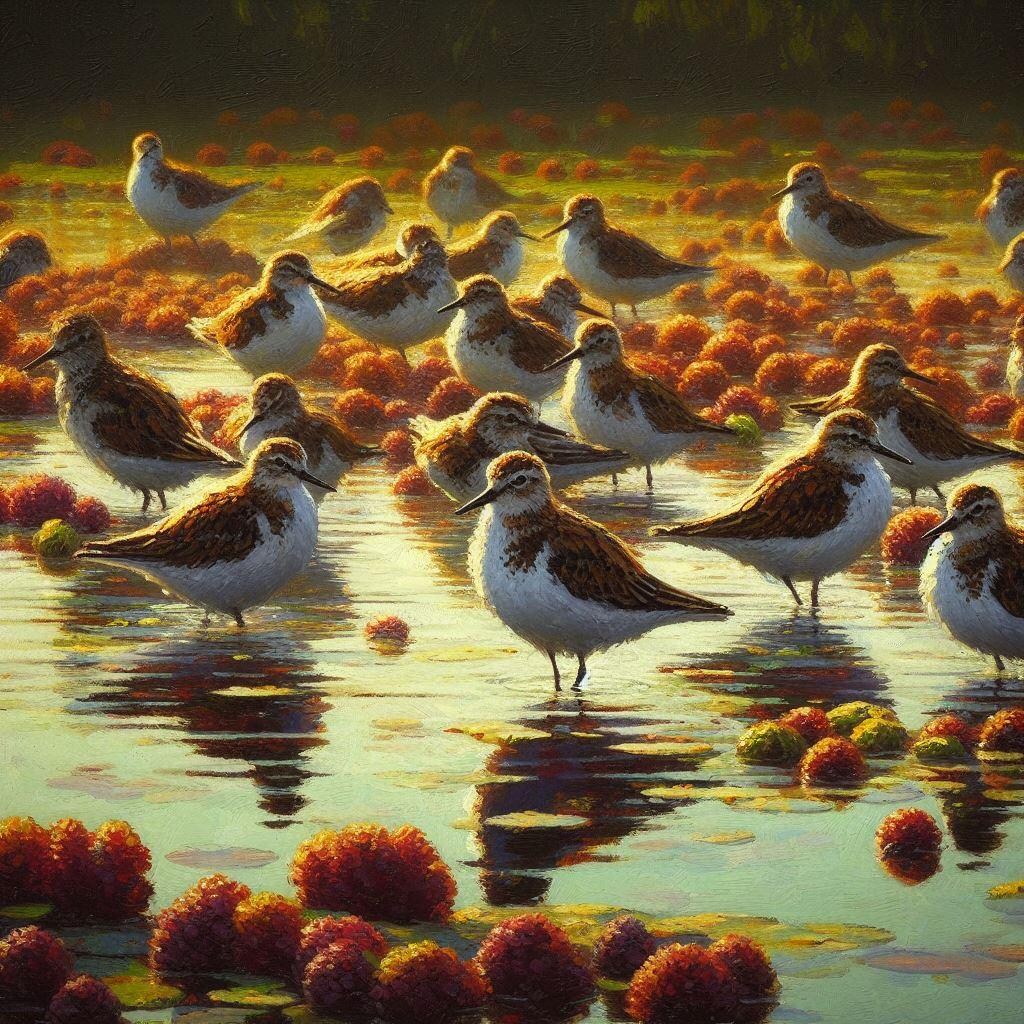 Shorebirds in duckweed pond