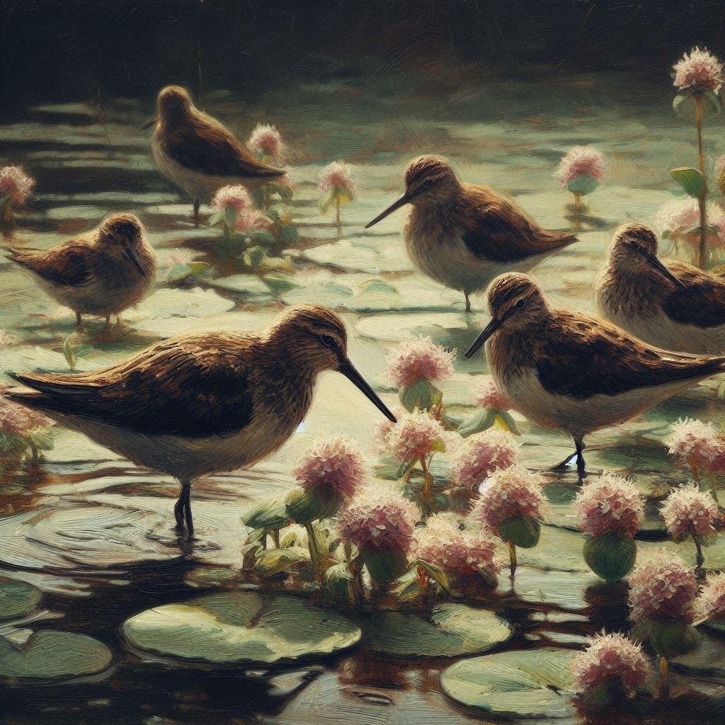 Shorebirds in duckweed pond