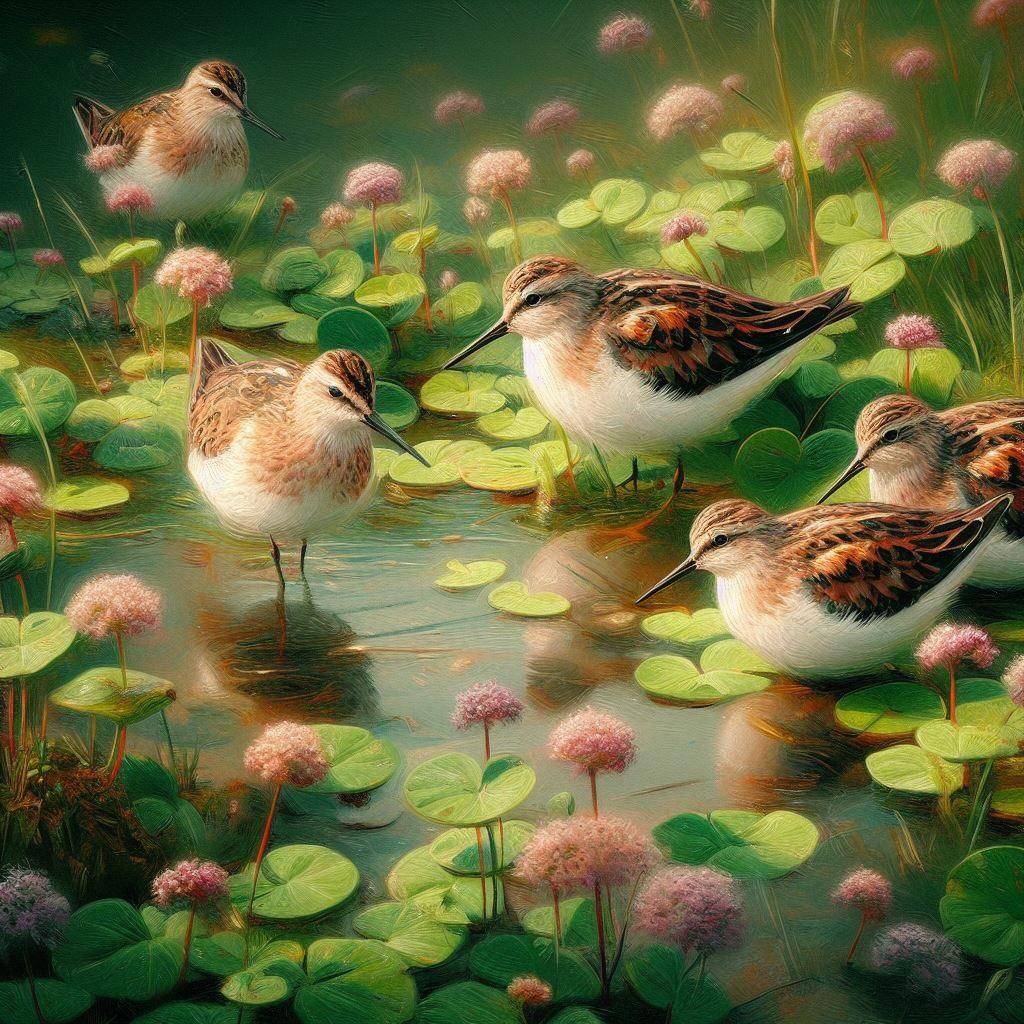 Shorebirds in duckweed pond