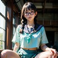 三つ編みメガネっ子 ミントグリーン制服 5枚目