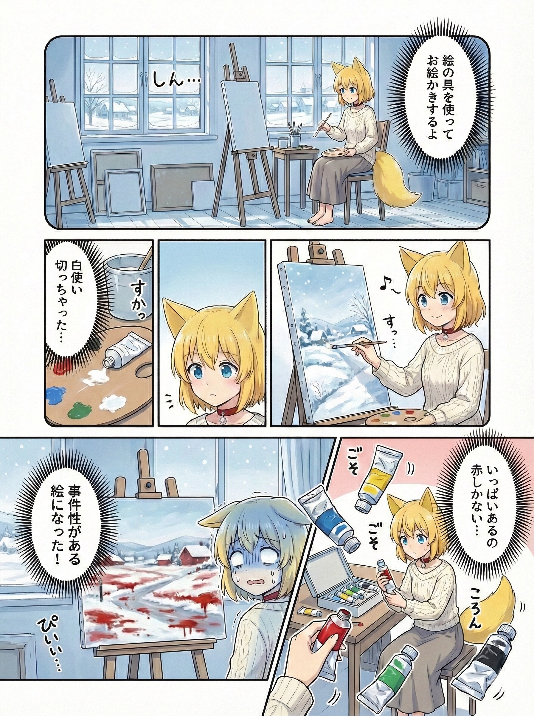 雪景色を鮮血の赤で染め上げるキツネ