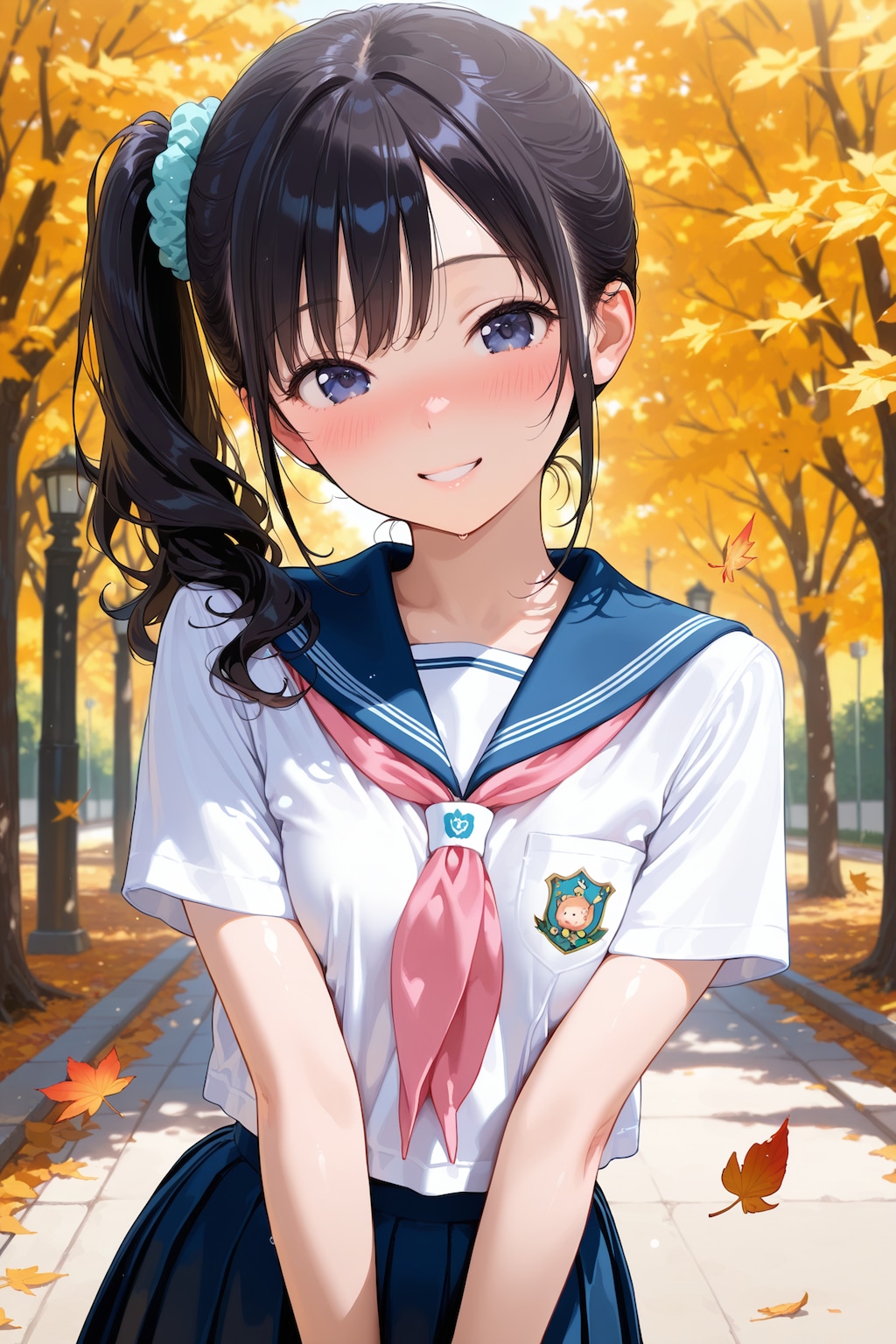 中学女子と紅葉