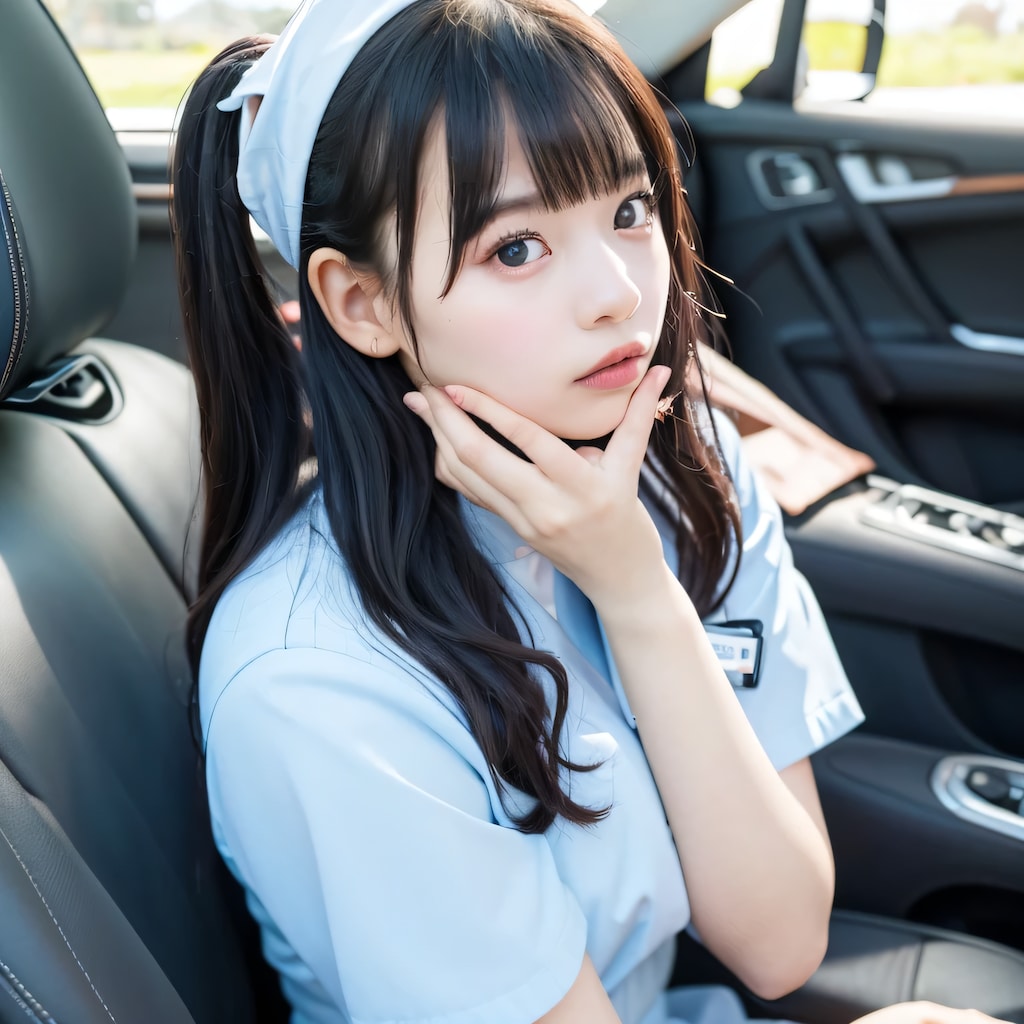 黒髪ポニテで車内の美女