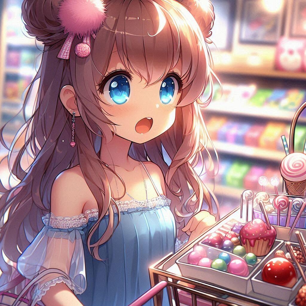 駄菓子屋で買い物をする小さな女の子