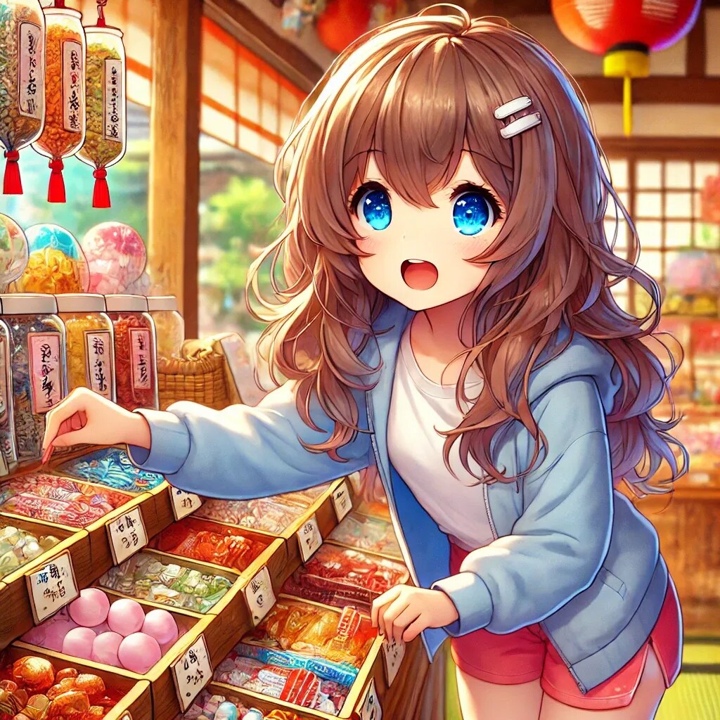 駄菓子屋で買い物をする小さな女の子