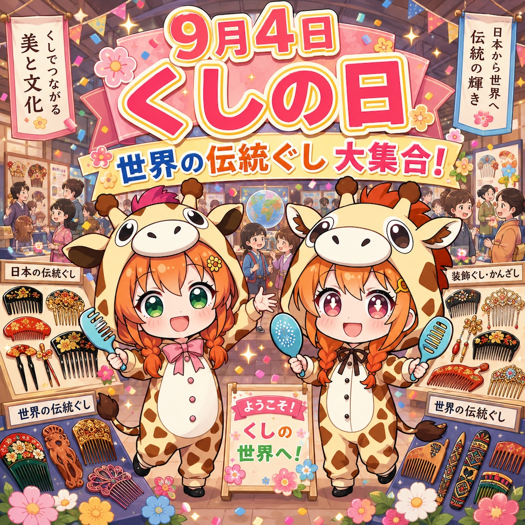 くしを持つキリン着ぐるみちび子ちゃん