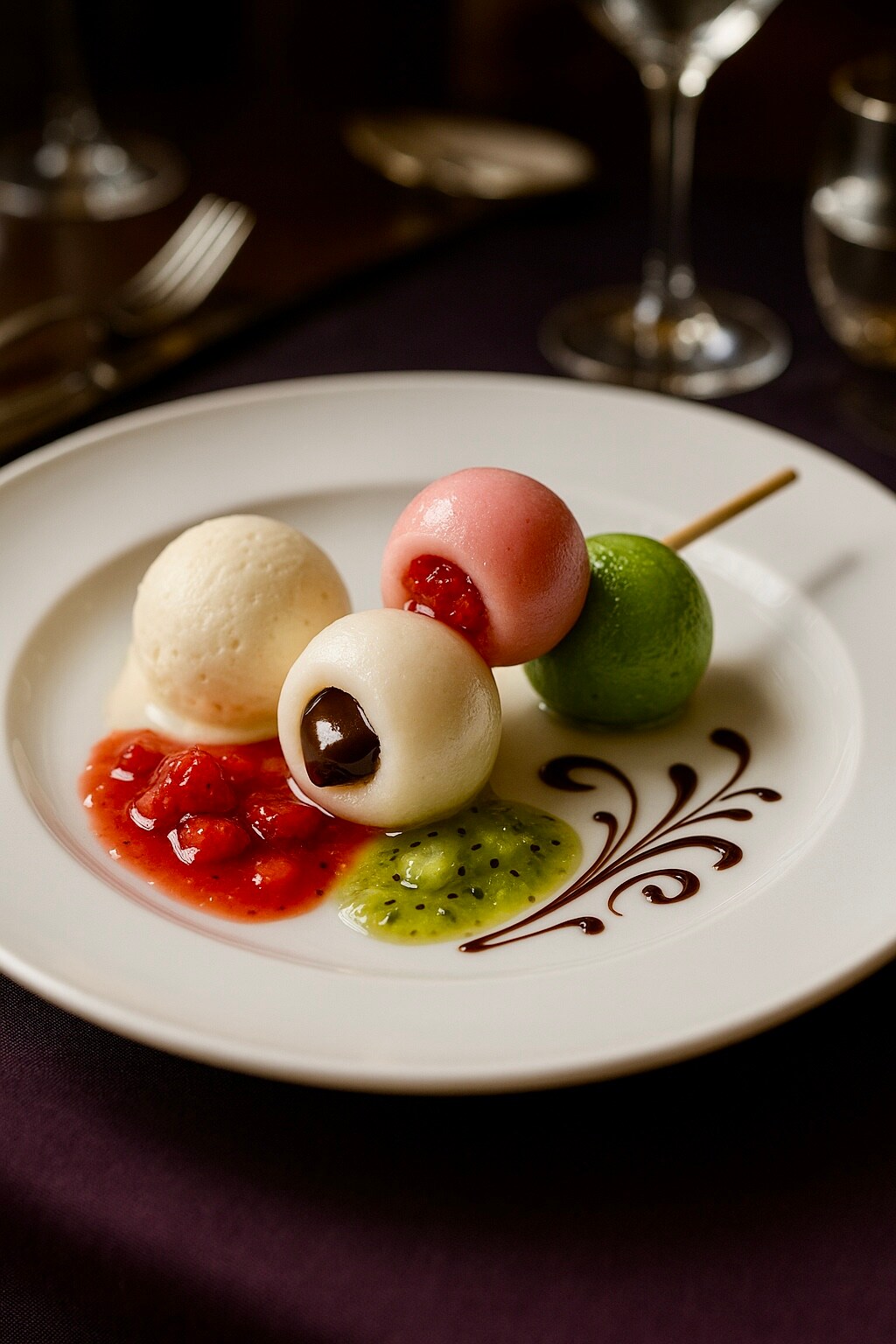 [がぞうどうぞ]三色だんごのデリス　苺のコンポート、ショコラ、キウイの調べ　果実のソースとバニラの香りを添えて