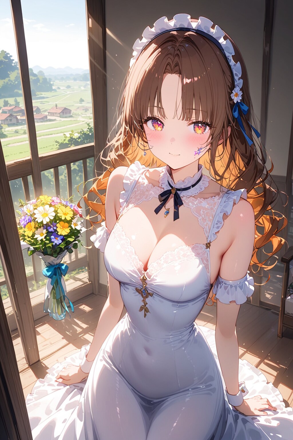窓際の花束とともに