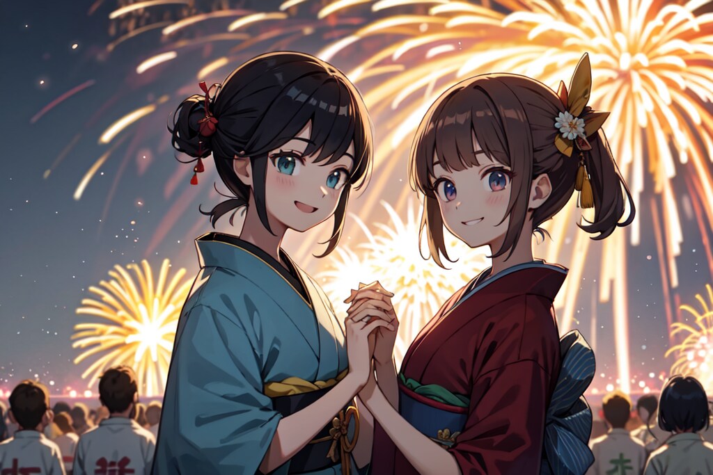 来年も2人でこの花火を見よう・百合（10枚）レトロモダン街シリーズ・その19