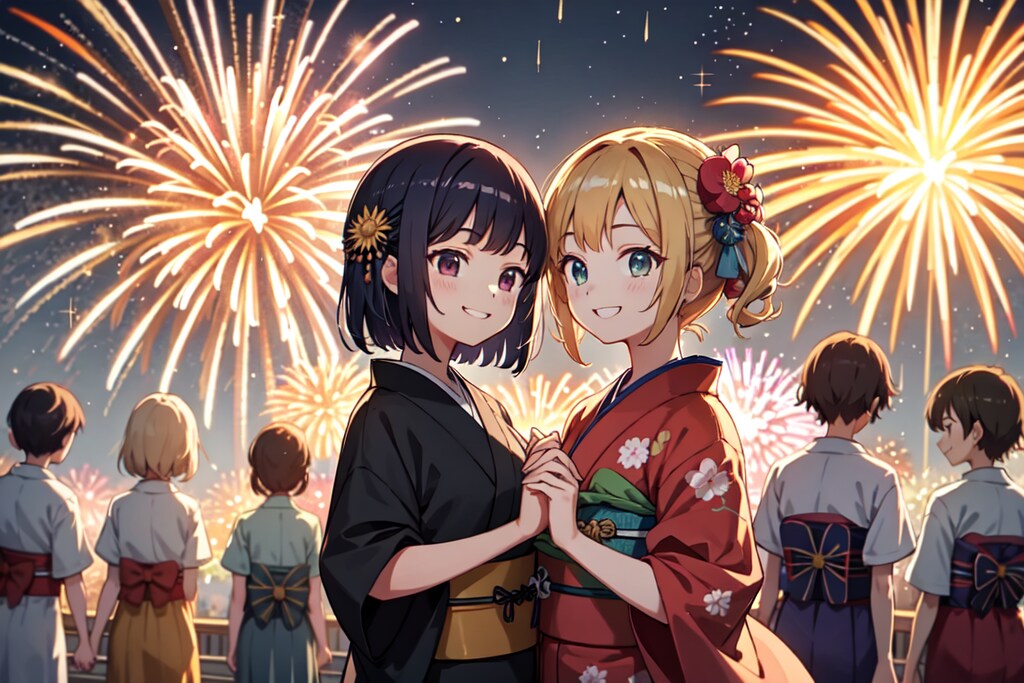 来年も2人でこの花火を見よう・百合（10枚）レトロモダン街シリーズ・その19