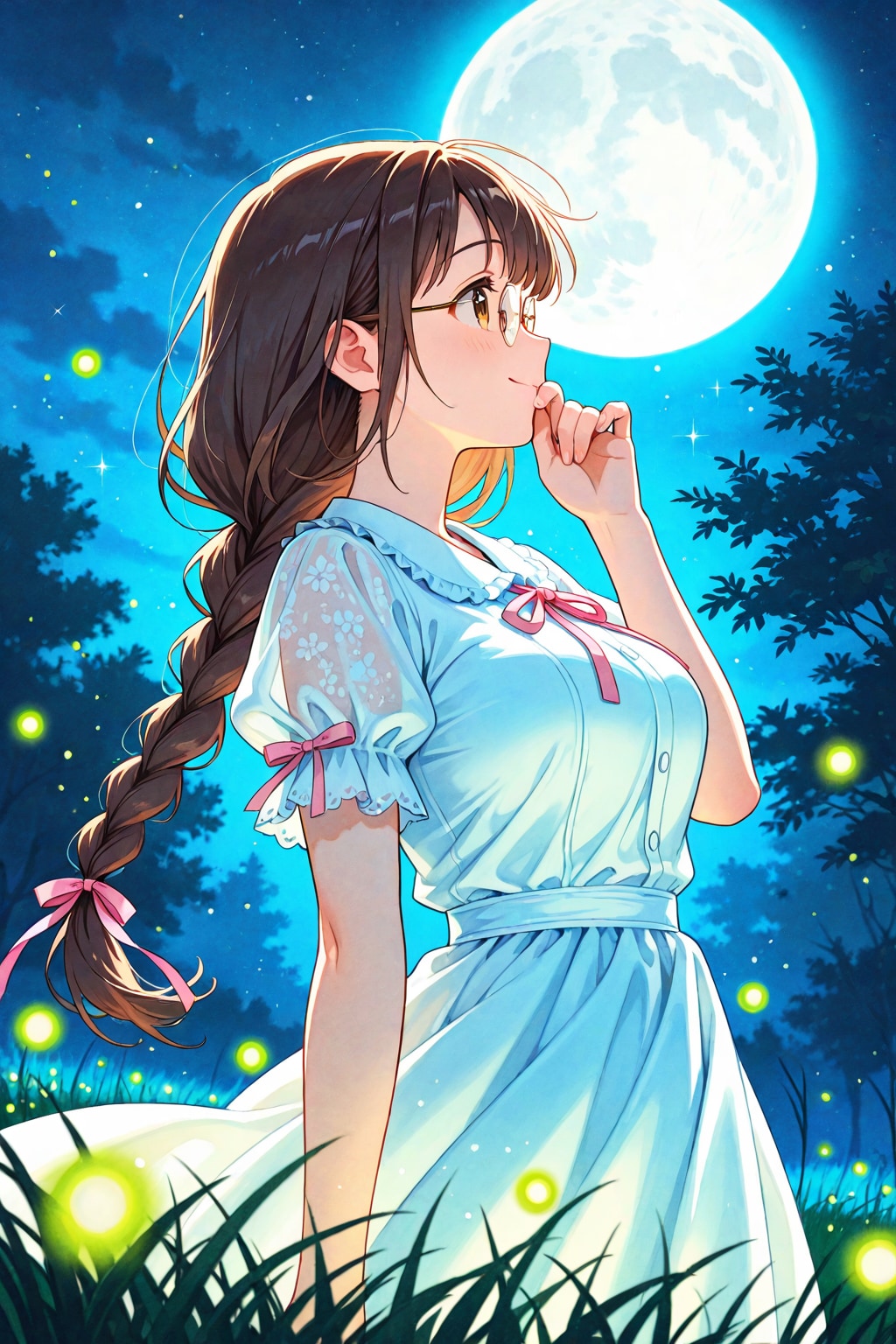 月下で蛍と戯れる