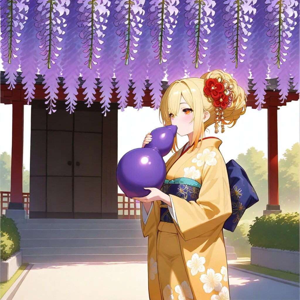 藤の花が咲く公園で紫色の風船を膨らませて遊ぶブロンドロングの着物美女