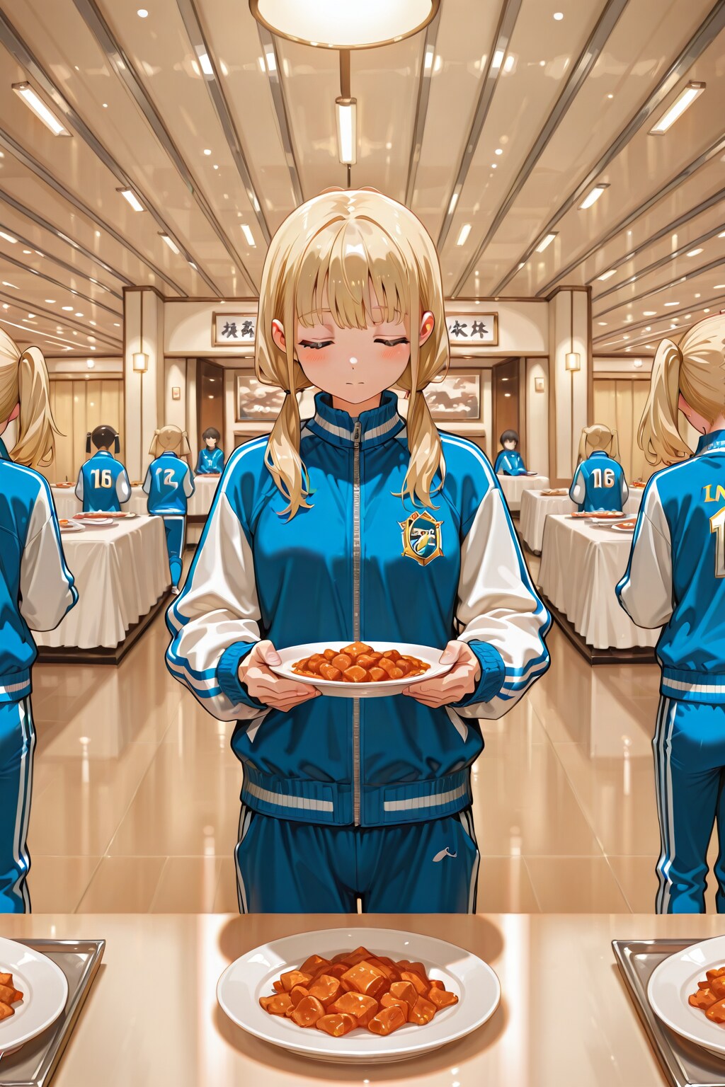 修学旅行の夕食の女の子とクラスメイト