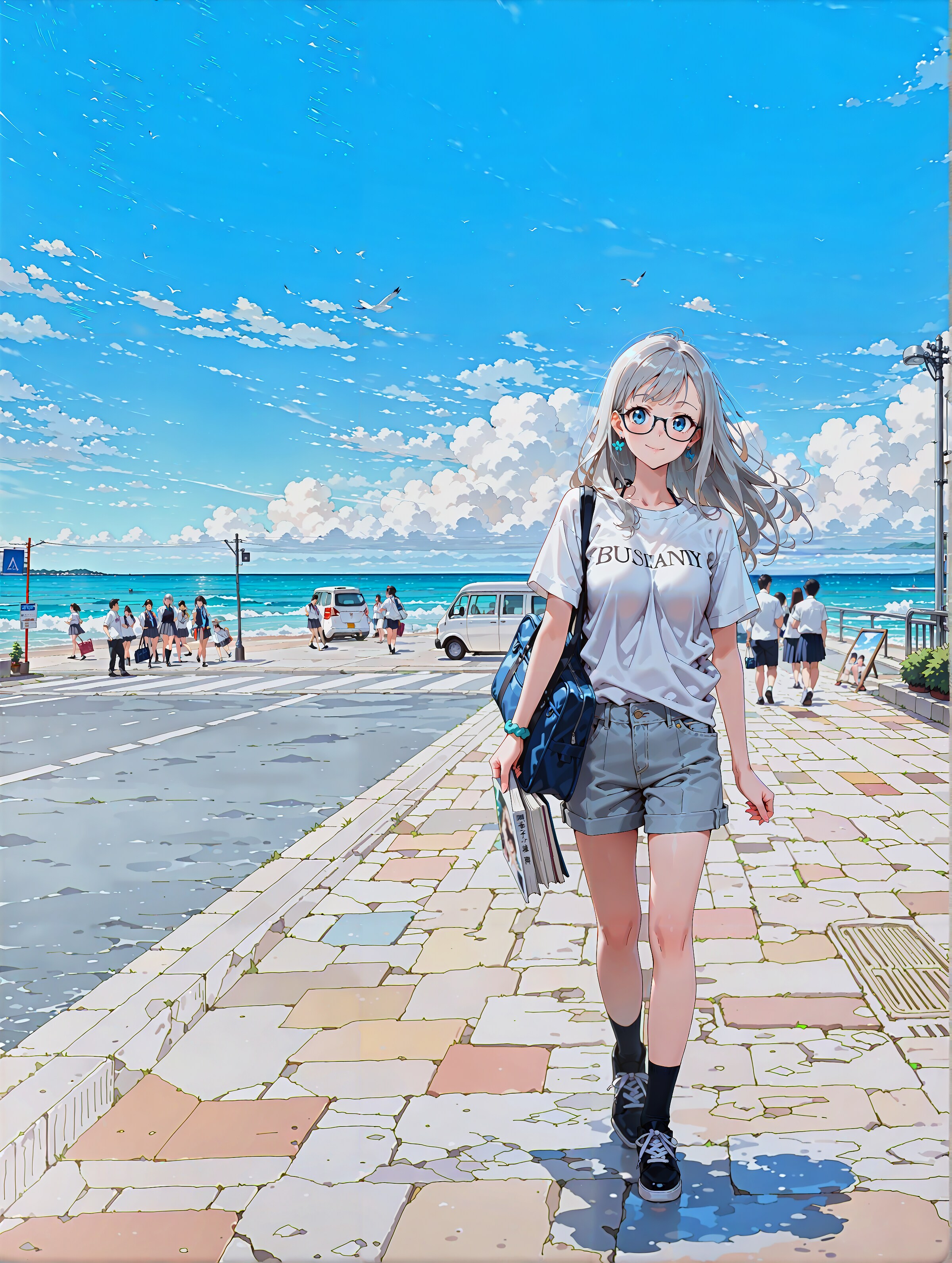 海辺を歩くめがねっこ