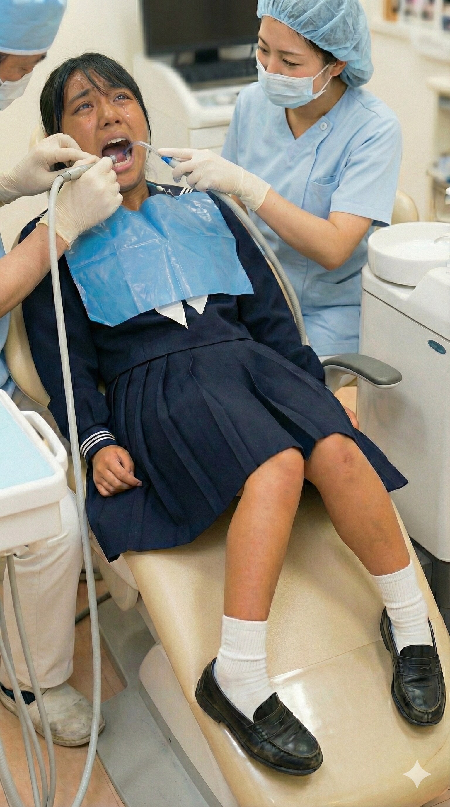 口腔内にエアタービンが入れられ虫歯を削られているセーラ服く姿の女子高生④