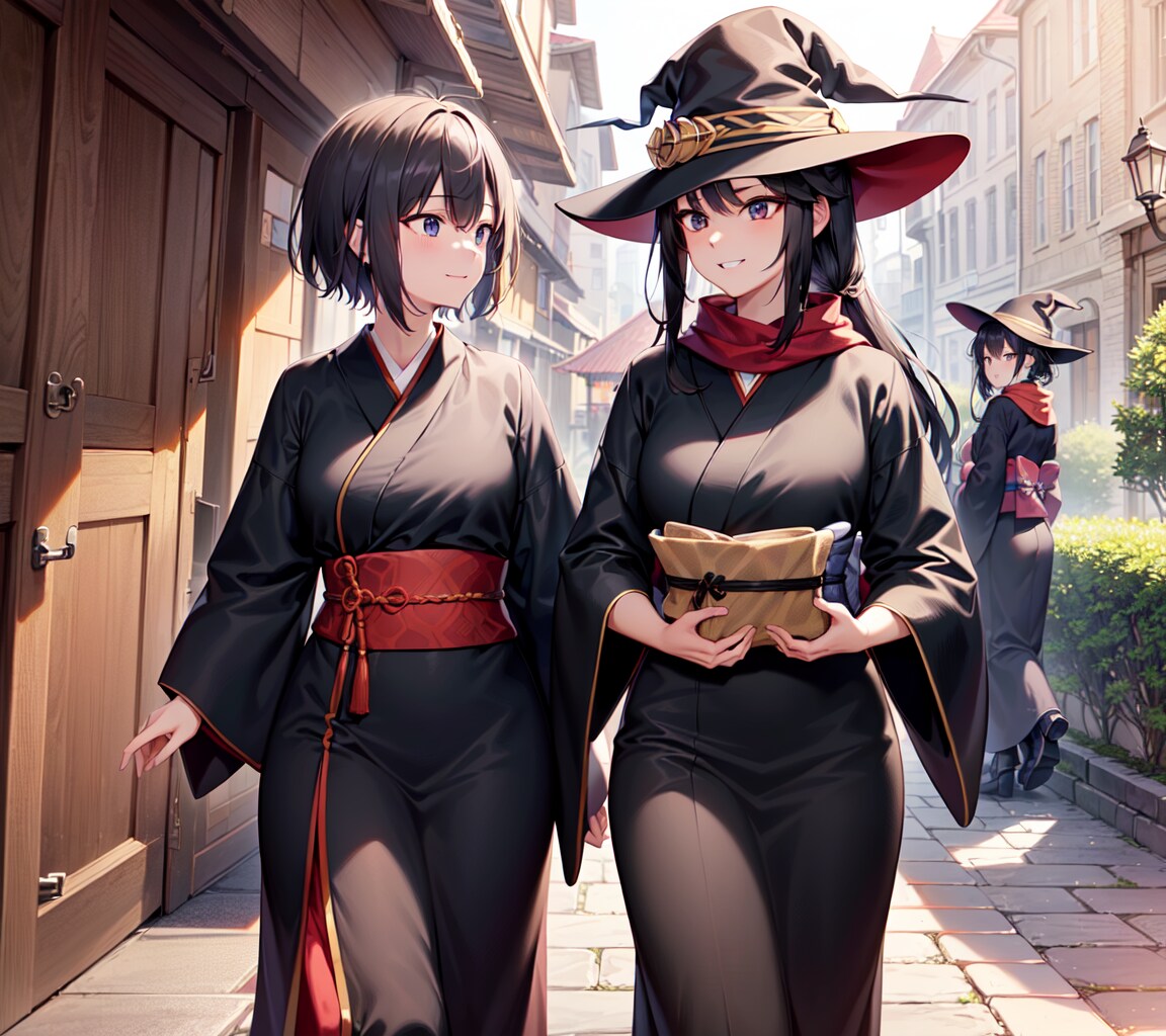 着物で街を歩く僧侶と魔女
