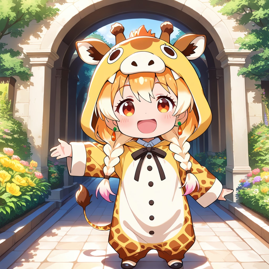 お城の庭をお散歩するキリン着ぐるみちび子ちゃん